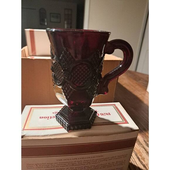 Vintage Avon 1982 1876 Cape Cod Ruby Red Pedestal Mugs Set of 2 NOS w/ Box - Picture 7 of 10